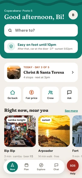 Parcero app in use: Now screen, prices, night mode and heading back to the hotel