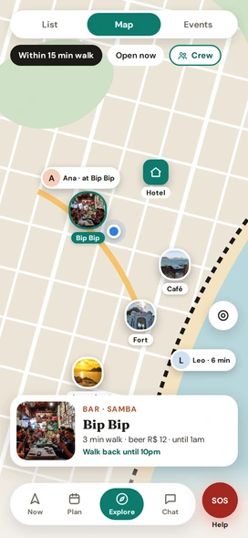 Map with nearby places and your crew