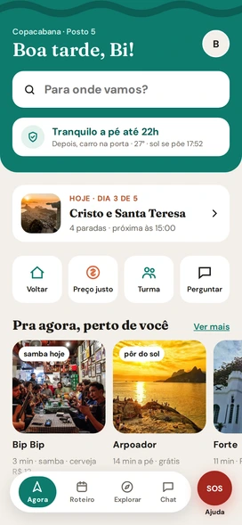 App Parcero em uso: tela Agora, preços, noite e volta pro hotel