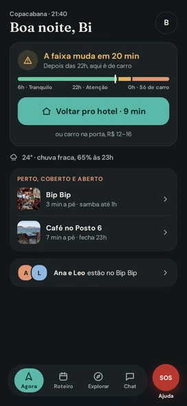 Tela da noite com o botão Voltar pro hotel